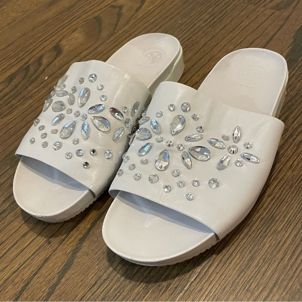 Tory Burch Brae Slides Silver Embellishment Napa Leather Women’s 8.5